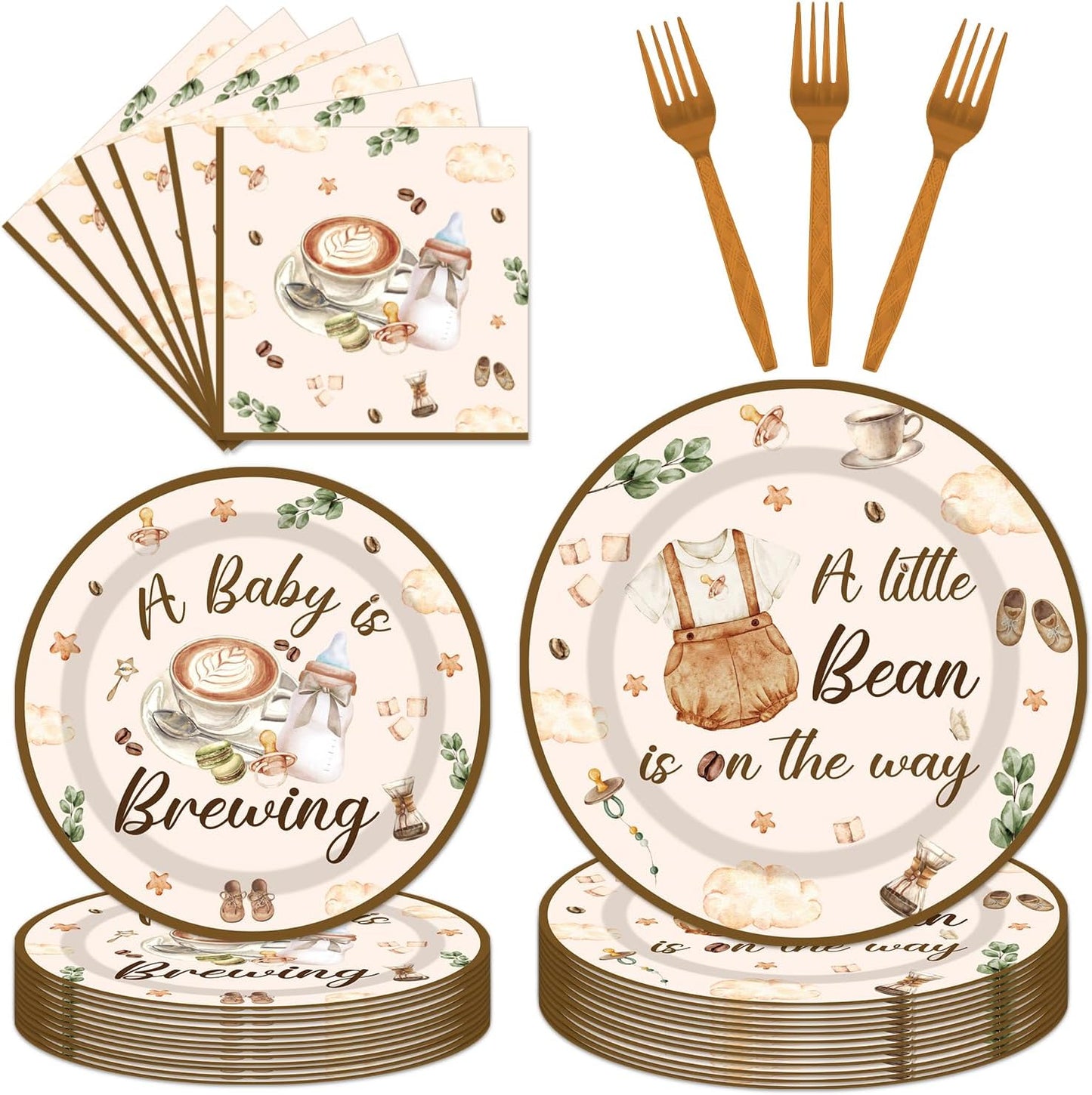 96Pcs Coffee Theme Baby Shower Tableware Set - A Baby Is Brewing Paper Plates Napkins Forks A litte Bean Is On The Way Gender Reveal Party Supplies Serve 24 Guests