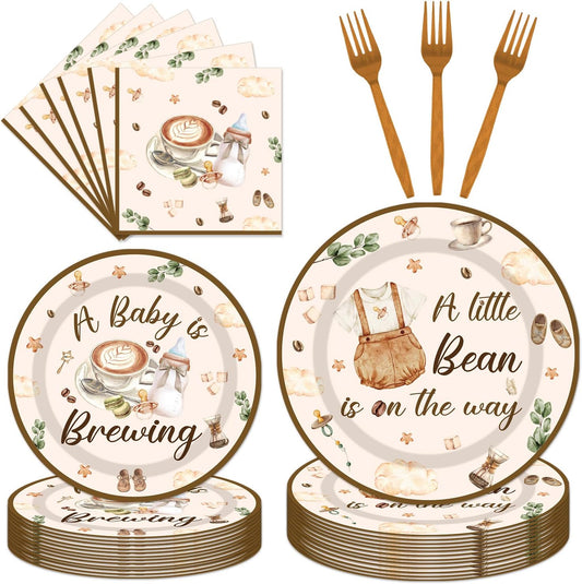 96Pcs Coffee Theme Baby Shower Tableware Set - A Baby Is Brewing Paper Plates Napkins Forks A litte Bean Is On The Way Gender Reveal Party Supplies Serve 24 Guests