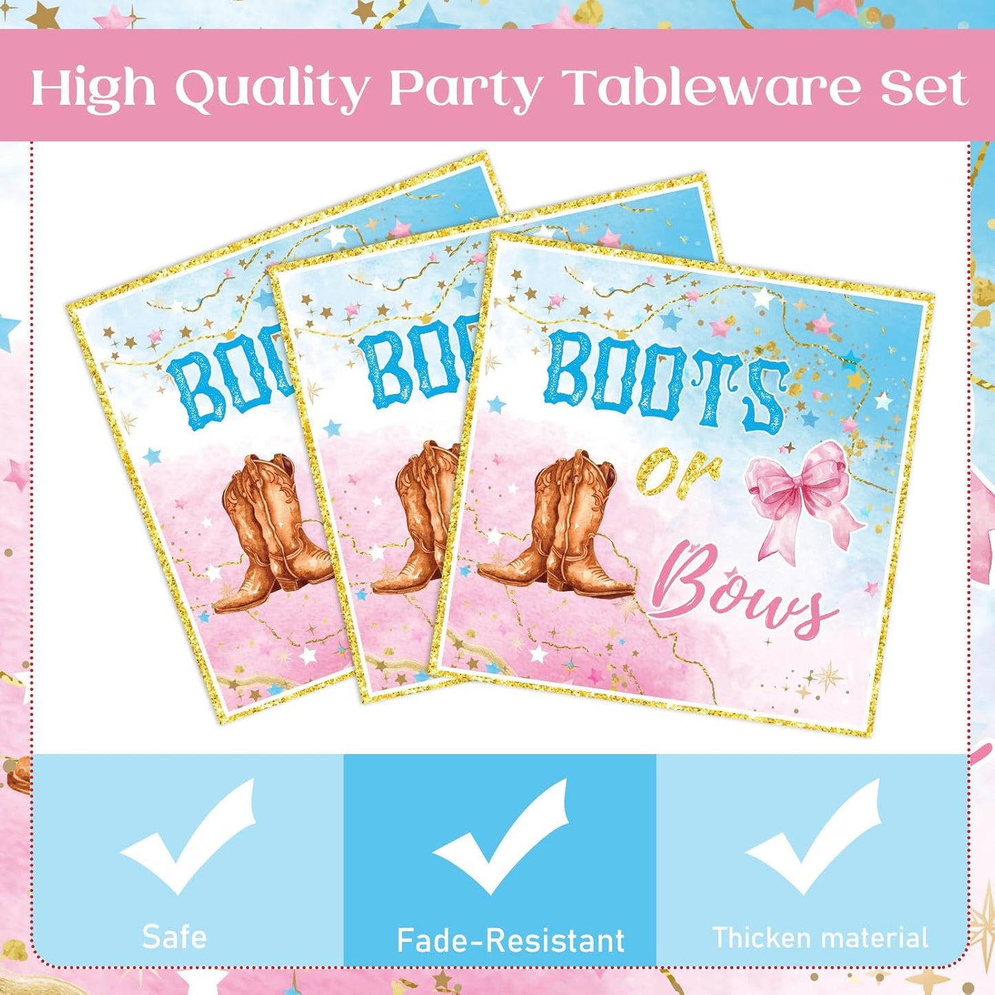 Boots or Bows Decorations - 96 Pcs Gender Reveal Party Plates Napkins Forks Tableware Set, Pink Blue Paper Disposable Party Supplies Decor Kit for Baby Shower Boy or Girl Serve 24 Guests