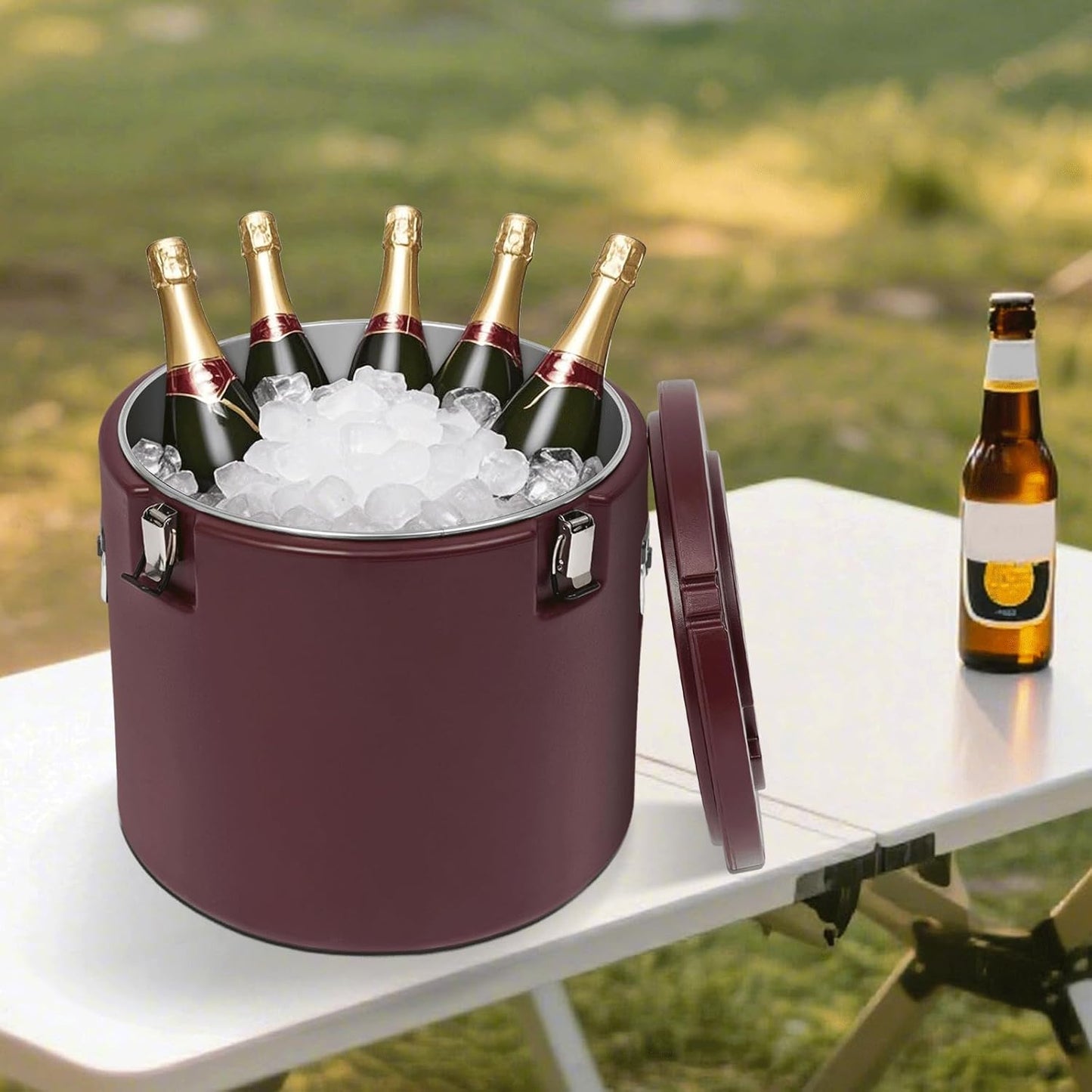 DYNAMI 13.2Gal Insulated Food Container with Handles&Buckles,304 Stainless Steel Portable Commercial Food Warmer Insulated Soup Container Cold Hot Box Insulated Food Carrier for Catering (Brown)