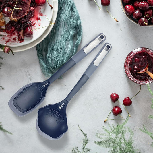 Flexible & Sturdy Kitchen Ladle Spoon Set for Nonstick Pots n Pans | Heat-Resistant Soup Ladle Canning Serving Spoons with Measurement Marks | Dishwasher Safe Cooking Utensil Tools