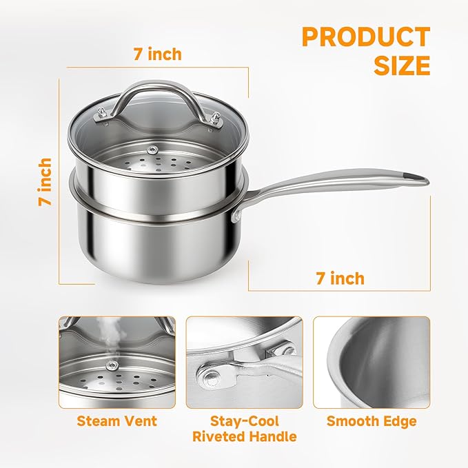 Ohtomber Stainless Steel Sauce Pan - Tri-Ply 1.5 Quarts Steamer for Cooking, Small Cooking Pot with Steamer Basket, Sauce Pan with Lid, Non Stick Saucepan, Induction Steam Pot for Vegetable, Oatmeal