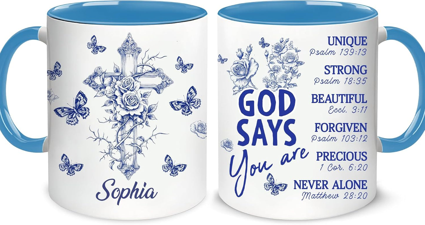 Hyturtle Personalized Blue Floral Christian Mug - Christian Gifts For Women - Religious Gifts For Her On Birthday - Bible Verse Present On Mother Day - Custom Coffee Cup Ceramic Mug 11 Oz 15 Oz