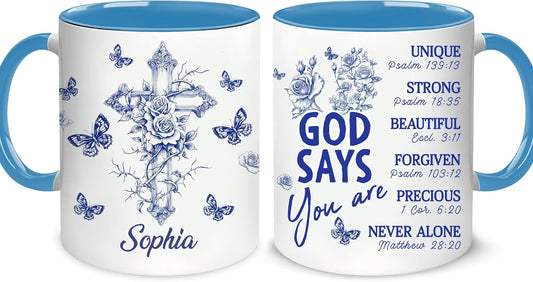 Hyturtle Personalized Blue Floral Christian Mug - Christian Gifts For Women - Religious Gifts For Her On Birthday - Bible Verse Present On Mother Day - Custom Coffee Cup Ceramic Mug 11 Oz 15 Oz