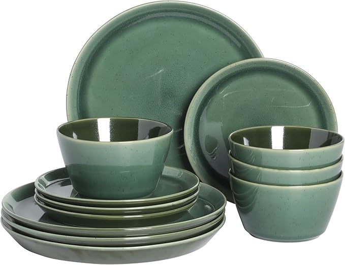 Gibson Elite 12 Piece (Service for 4) Fern Canyon Plates and Bowls Reactive Glaze Modern Coupe Round Dishes Stoneware Ceramic Dinnerware Set - Glossy Green