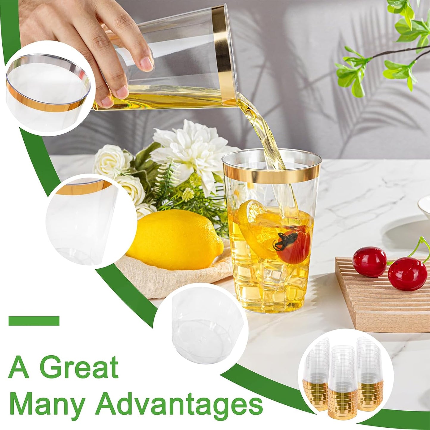 I00000 50 Pack 18 oz Gold Plastic Cups, Elegant Gold Rimmed Plastic Cups, Disposable Cocktail Glasses Wine Glasses, 18 oz Premium Tumblers Perfect for Birthday, Party & Wedding