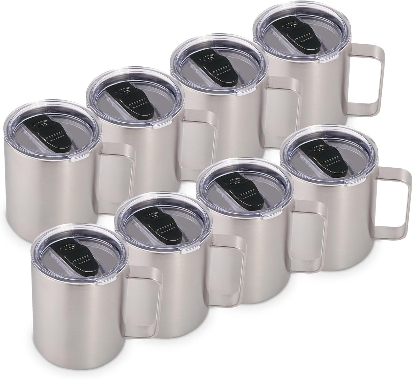 Volhoply 14oz Insulated Stainless Steel Coffee Mug with Lid Bulk 8 Pack,Double Wall Vacuum Travel Coffee Cup with Handle,Reusable Metal Cups Tumbler,Camping Mugs Keep Hot,Ideal Gifts(Silver,8)