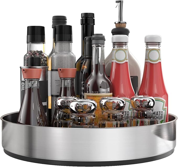 VAEHOLD Pantry Cabinet Lazy Susan Stainless Steel Black Spice Rack Turntable - Decorative Trays Storage Containers Organizer for Kitchen Cabinet, Snacks, Bathroom (12 inches)