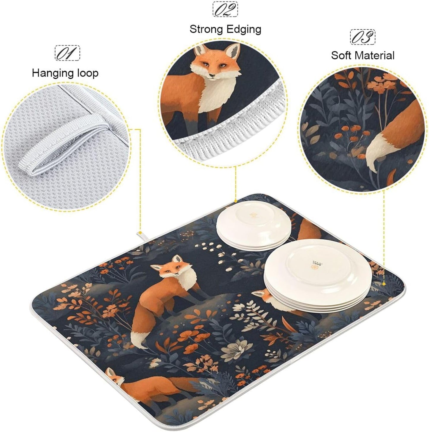 Fox Dish Drying Mat for Kitchen Counter Absorbent Dish Drainer Mats Drying Pads 18"x24"