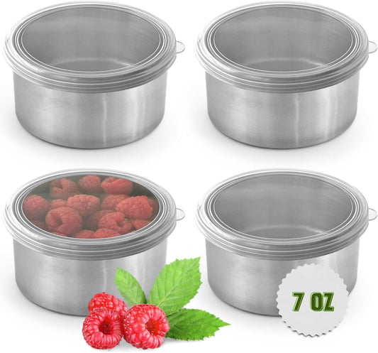 TAVVA 4 X 7oz Stainless Steel Containers with Lids - Leakproof w/Silicone Lids - BPA Free - Dishwasher & Freezer Safe - Portable & Reusable - Stainless Steel Storage Food Snack Containers