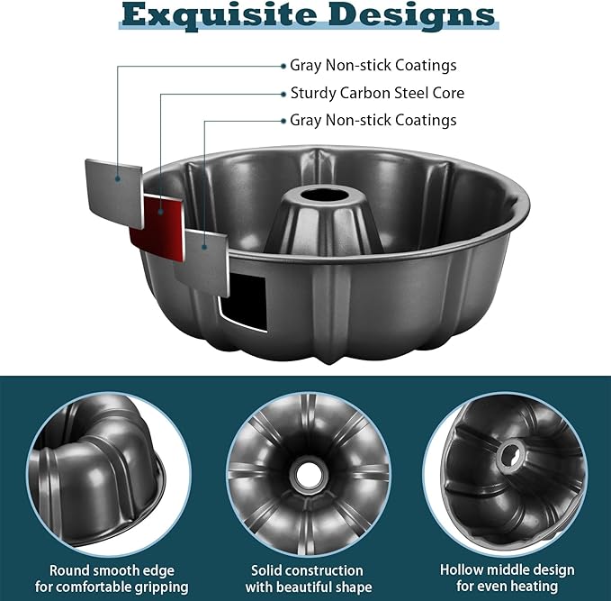 P&P CHEF 10 Inch Gray Non-stick Cake Pan, Carbon Steel Fluted Tube Round Baking Pan for Pound Cake, 10-Cup Large Capacity Bakeware, Healthy & Heavy Duty, 2 Pieces