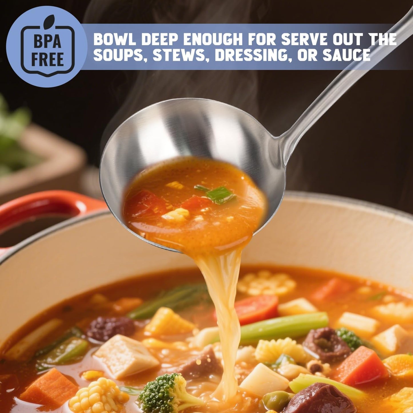 HOTEC Stainless Steel Soup Ladle Spoon 13.7" – Kitchen Ladle for Cooking and Serving, One-Piece 304 Stainless Steel Serving Spoon for Soup, Stew, Gravy, Broth