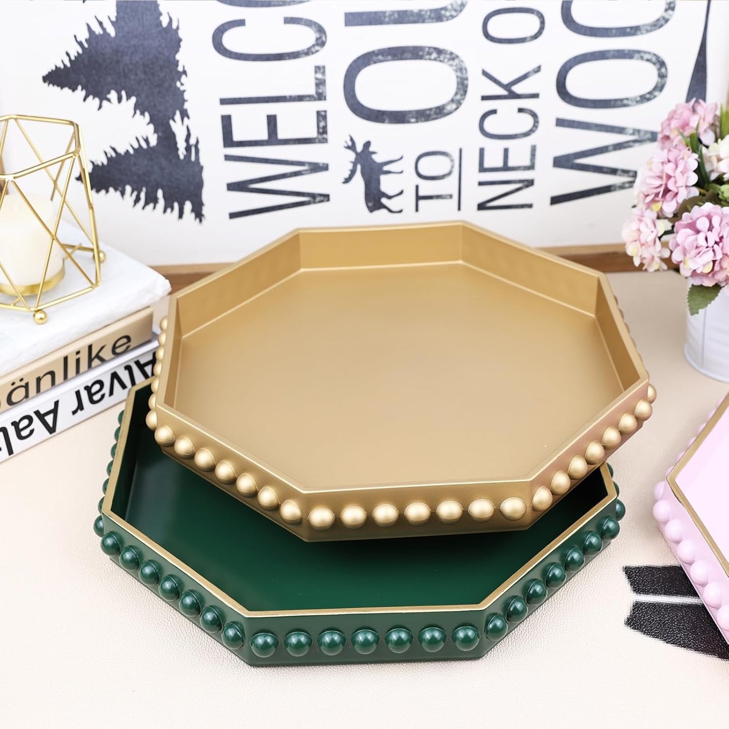 Gold Serving Tray for Coffee Table, Octagonal Beaded Plastic Decorative Tray for Ottoman, Kitchen Counter, Living Room, Outdoor Lacquer Tray for Entertaining