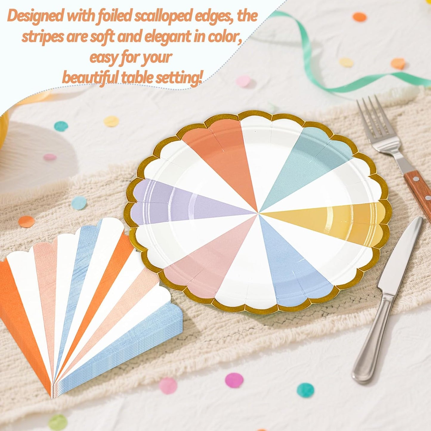 50PCS Colorful Striped Paper Plates and Napkins Party Supplies, 7 inch Disposable Gold Foil Scalloped Dessert Plate Pastel Party's Favors for Birthday Wedding Bachelorette Candy Party Decorations