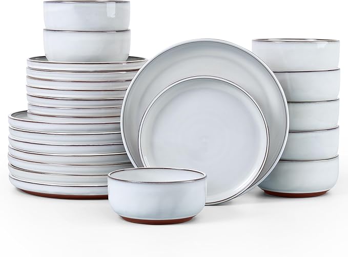 E-far Stoneware Dinnerware Sets for 8, 24 Pieces Reactive Glaze Plates and Bowls Sets, Elegant Dishes with Rustic Terracotta Clay Base, Dishwasher & Microwave Safe, Scratch Resistant, Glacier White