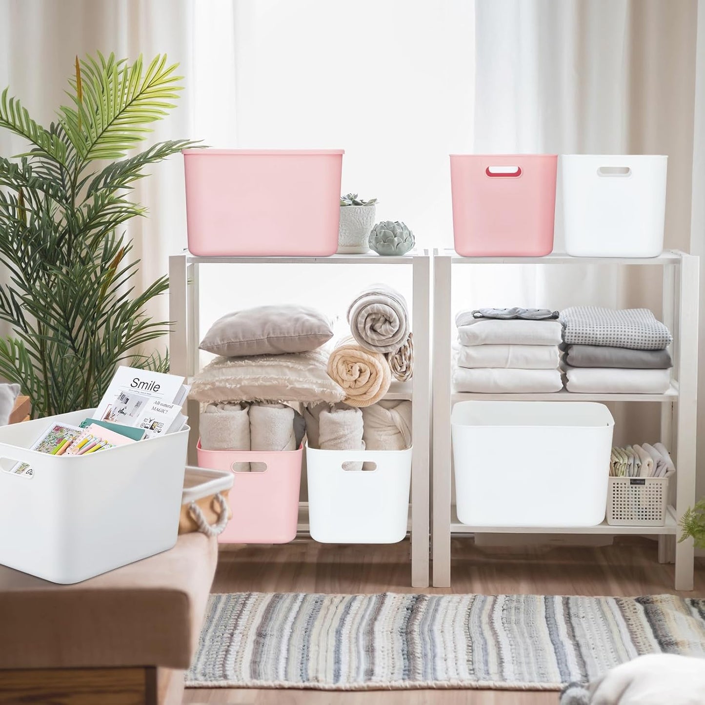 Hoolerry 8 Pieces Colorful Storage Bins with Lid, Plastic Storage Basket Organizing Container Stackable Box with Handle for Shelves Desktop Playroom Office(14.2 x 10.2 x 9.5 Inch,White and Pink)