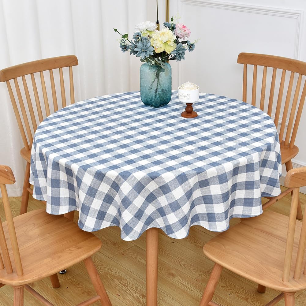 Gingham Round Tablecloth Table Cloth Heavy Duty Cotton Checkered Table Cloth Round Cover for Dining Room(R-Blue, 53 inch Diameter)