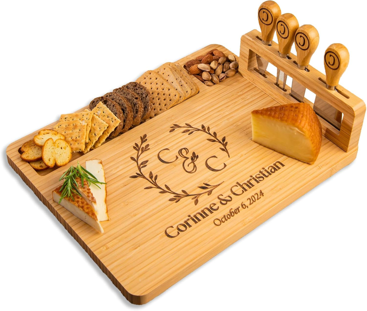 Personalized Bamboo Charcuterie Board & Cheese Board Set – Custom Wedding, Anniversary, Bridal Shower, Christmas, Housewarming Gifts for Couples, Birthday Gifts for Women, Farmhouse Kitchen Decor