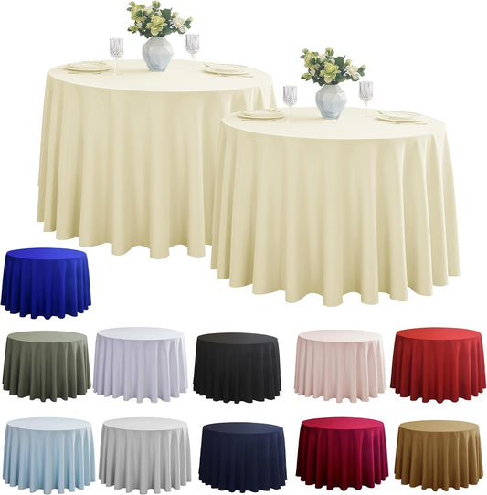 2-Pack Round 90-inch Beige Table Cloths, Solid Stain and Wrinkle Resistant Circular Tablecloth, Premium Plain Weave Polyester Fabric Table Linen Covers for Hotel, Banquet