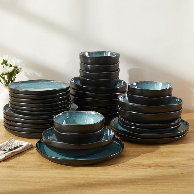 32 Piece Dinnerware Set for 8 with Pasta Bowls, Green Black Reactive Glaze Stoneware | All‑in‑One Host Set for Entertaining, Holiday Meals, Multi‑Course Dinners | Unique Irregular Coastal Look