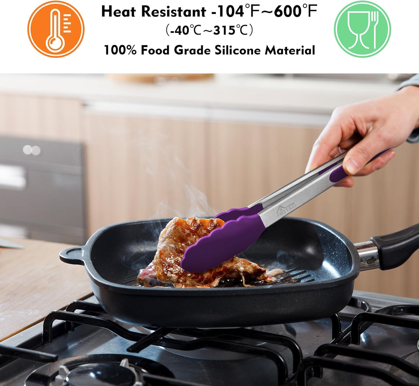 HOTEC Premium Stainless Steel Locking Kitchen Tongs with Silicon Tips, Set of 2-9" and 12" (Purple)