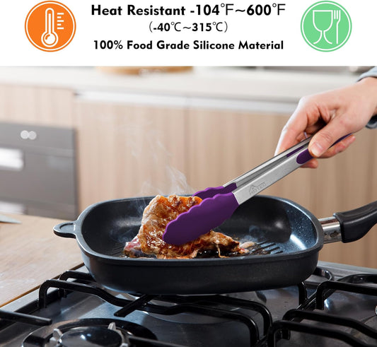 HOTEC Premium Stainless Steel Locking Kitchen Tongs with Silicon Tips, Set of 3-7", 9" and 12" (Purple)