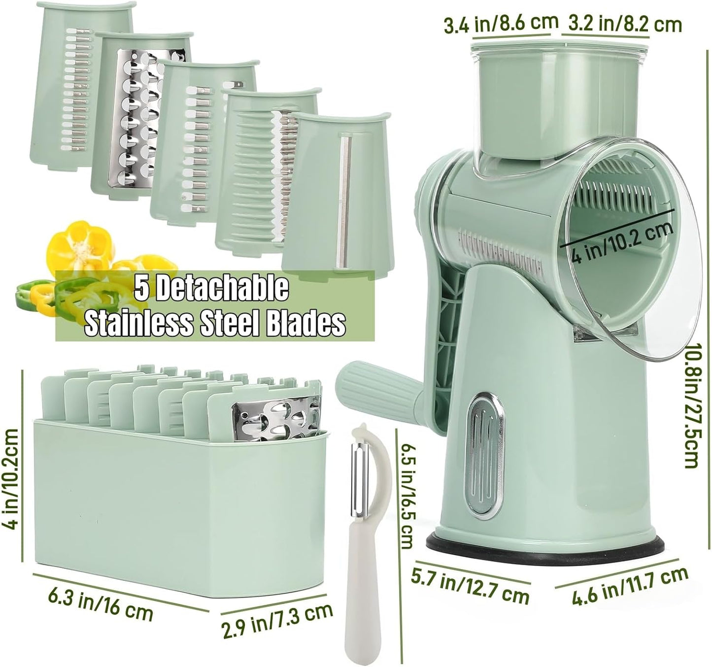 Rotary Cheese Grater with Handle, Manual Vegetable Slicer Grater with 5 Detachable Stainless Steel Blades, Round Grater Slicer Hand Crank Food Chopper for Kitchen with Blade Storage Box