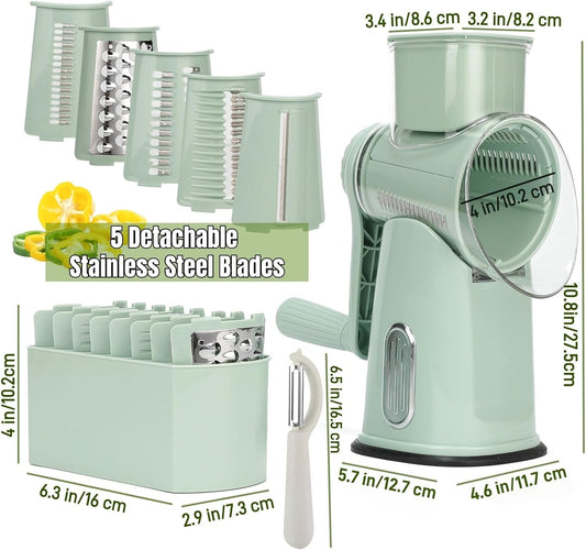 Rotary Cheese Grater with Handle, Manual Vegetable Slicer Grater with 5 Detachable Stainless Steel Blades, Round Grater Slicer Hand Crank Food Chopper for Kitchen with Blade Storage Box