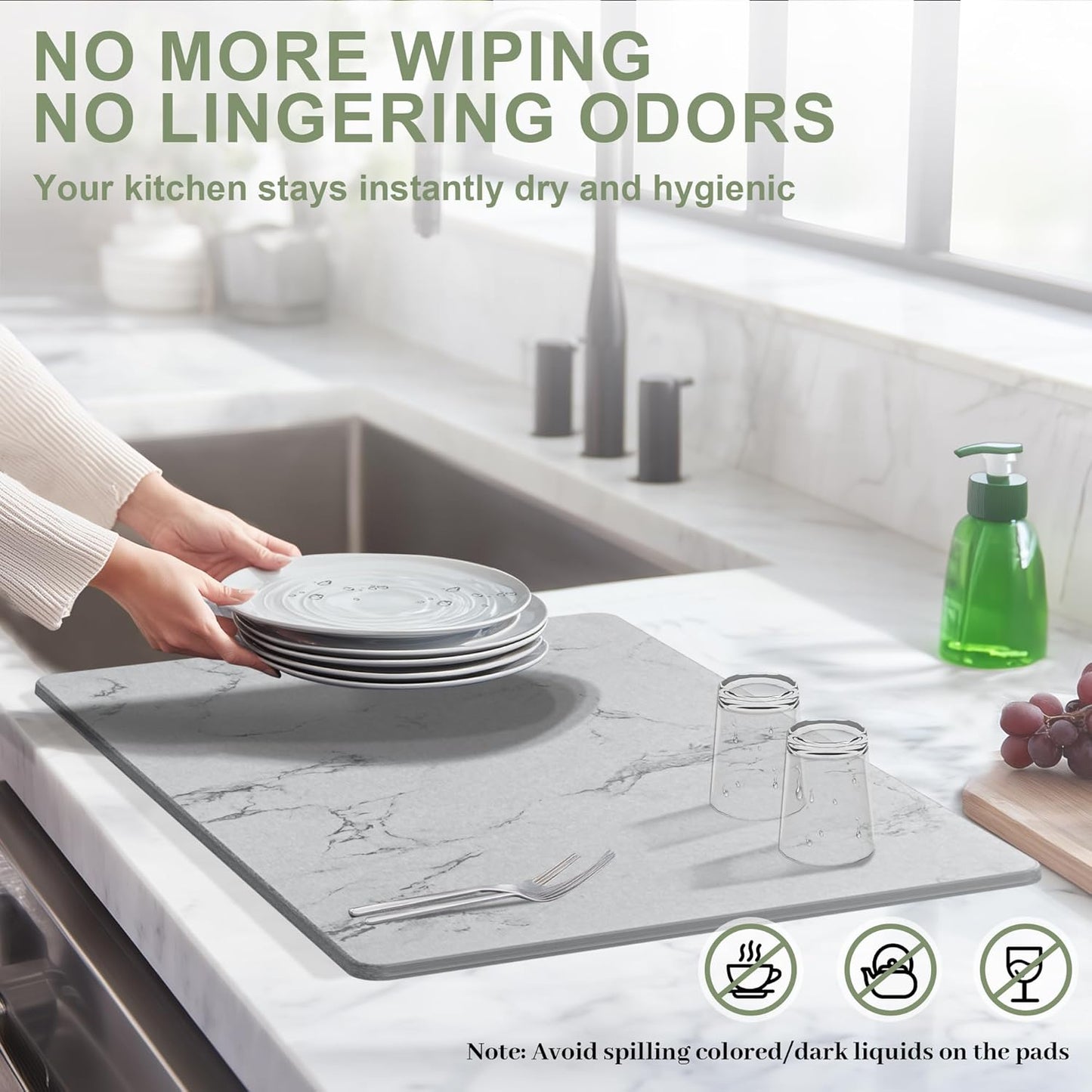 Large Stone Drying Mat for Kitchen Counter, 24" × 16" Diatomite Dish Drying Mat, Quick Dry Stone Mats, Ultra Absorbent Natural Diatomaceous Earth Mats for Dished, Bottles, Grey Marble