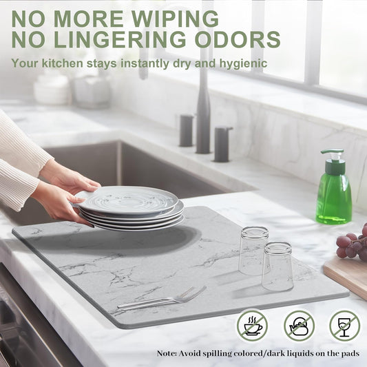 Large Stone Drying Mat for Kitchen Counter, 24" × 16" Diatomite Dish Drying Mat, Quick Dry Stone Mats, Ultra Absorbent Natural Diatomaceous Earth Mats for Dished, Bottles, Grey Marble