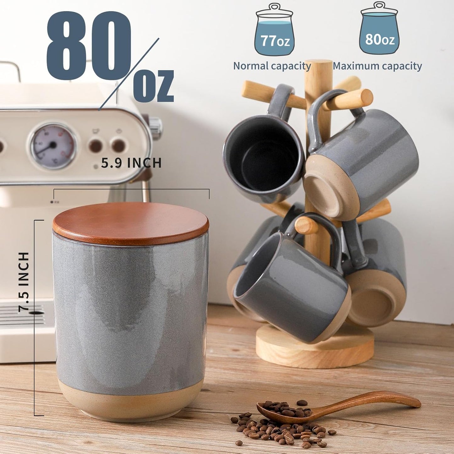 Ceramic Food Storage Jar,Coffee Canister for Countertop with Lids Airtight,Large Flour,Cereal,Spices,Beans,Rice and Candies Containers for Kitchen and Home,Farmhouse Kitchen Decor,80 OZ Gray