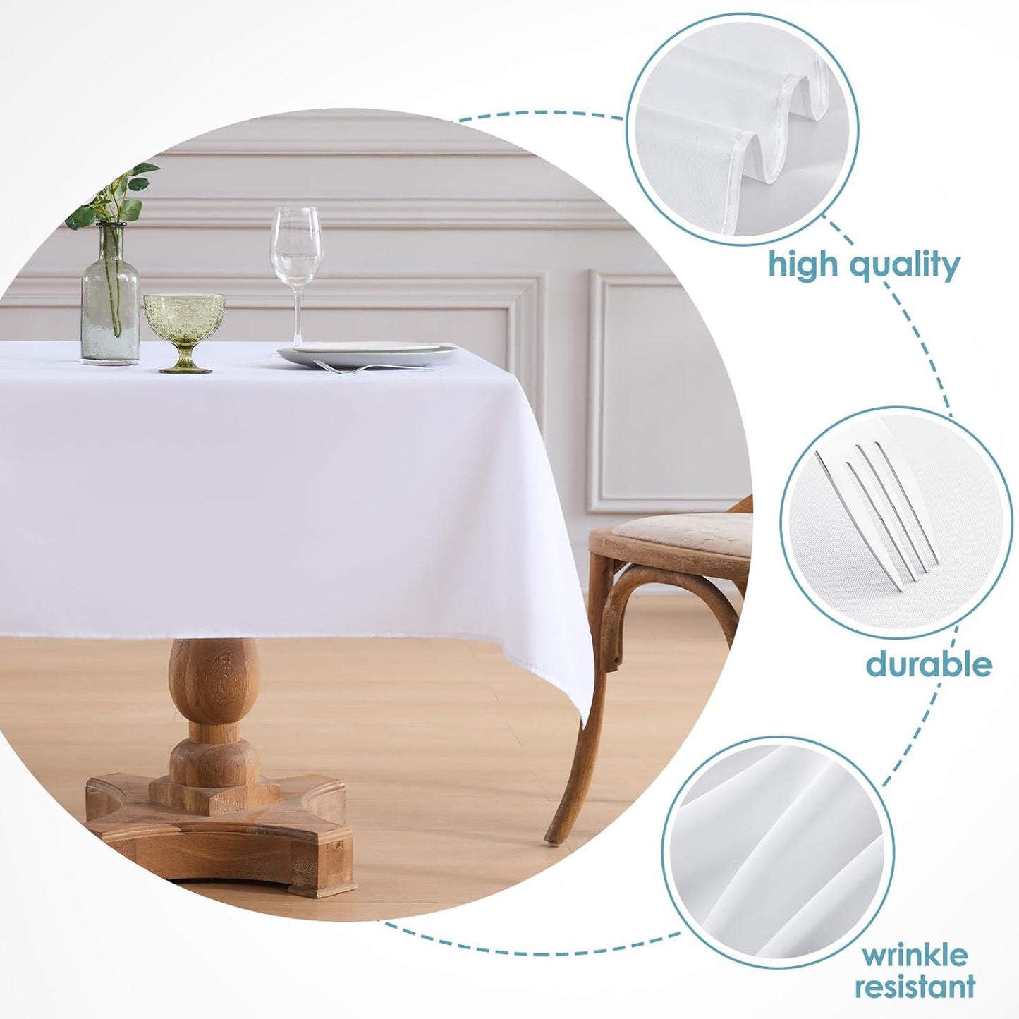 VidaFete Square Tablecloth 52 x 52 Inch Tablecloths Stain Wrinkle Resistant Polyester Dining Table Cover for Kitchen Dinning Party Wedding Rectangular Tabletop Buffet Decoration(White)
