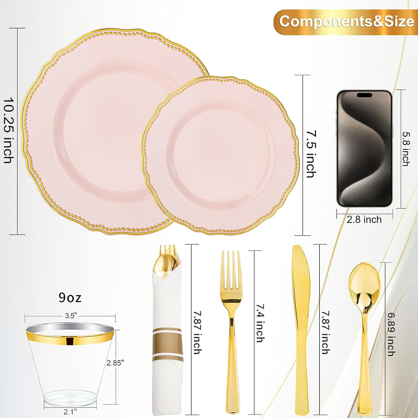 Hioasis 350pcs Pink and gold Plastic Plates - Pink Plastic Dinnerware Set Includes 50 Dinner Plates, 50 Dessert Dinnerware, 50 Cups, 50 Rolled Napkin Cutlery Perfect for Wedding & Party
