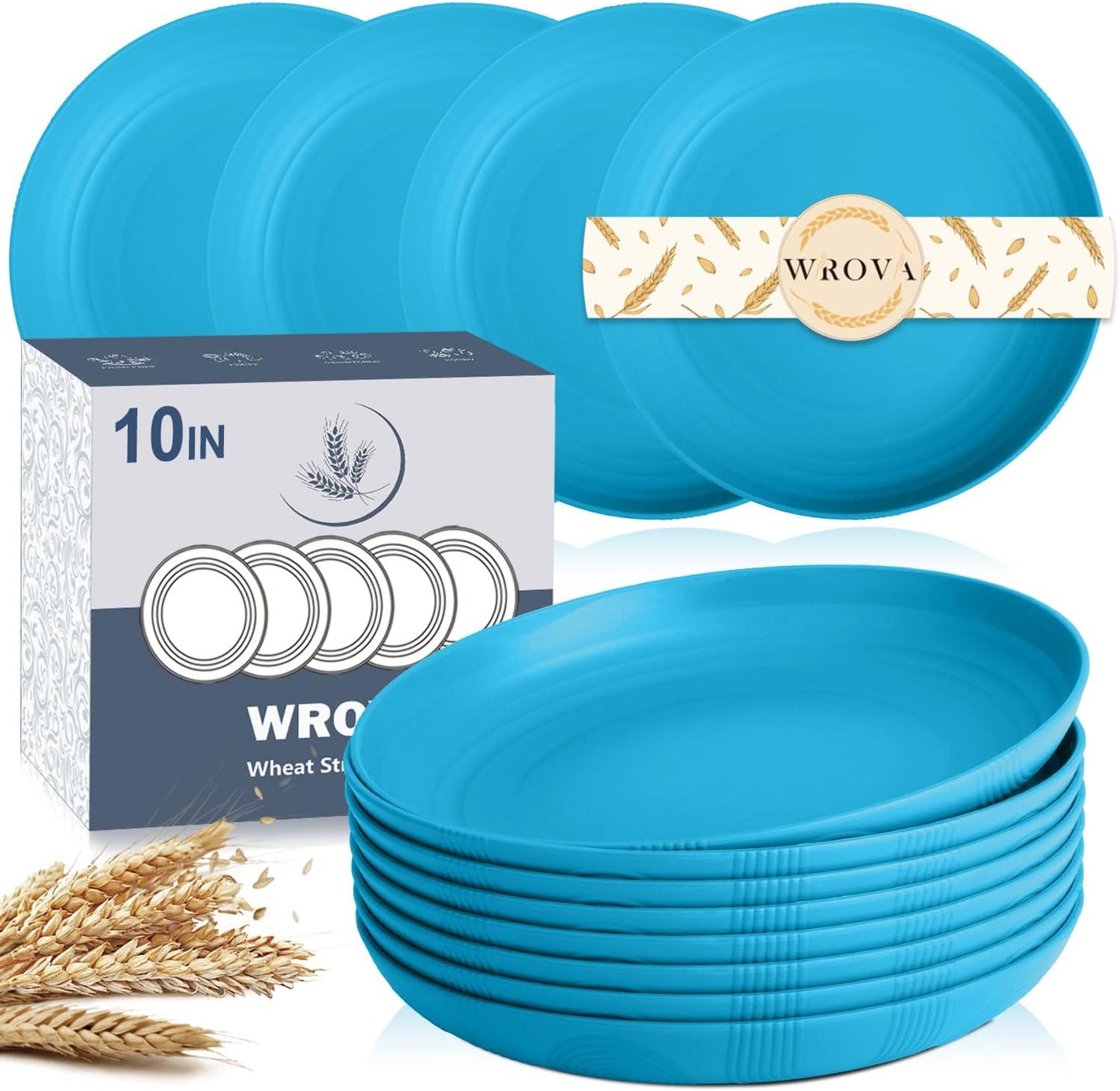 Wrova Wheat Straw Plates 10 Inch - Unbreakable Dinner Plate Set of 8 - Dishwasher & Microwave Safe Plastic Plates Reusable - Lightweight Deep Plate for Kitchen,Outdoor,Dorm (Blue)
