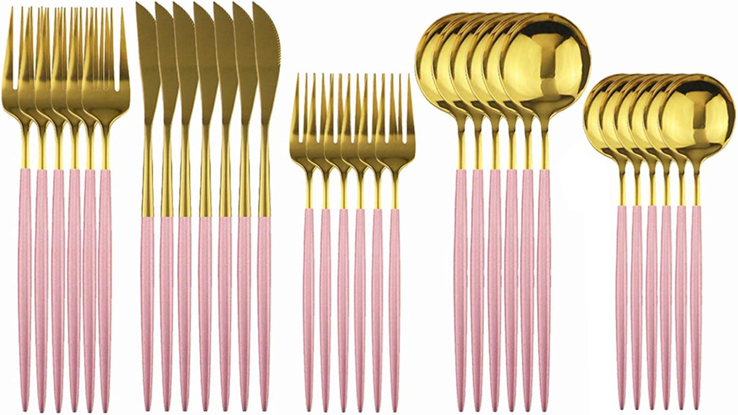 Silverware Set – 30 Piece Family Dinnerware Set – Flatware Set Service For 6 – Pink Gold Tableware Sets – Cutlery Great For Family Gatherings & Daily Use – Spoons, Knives, Forks