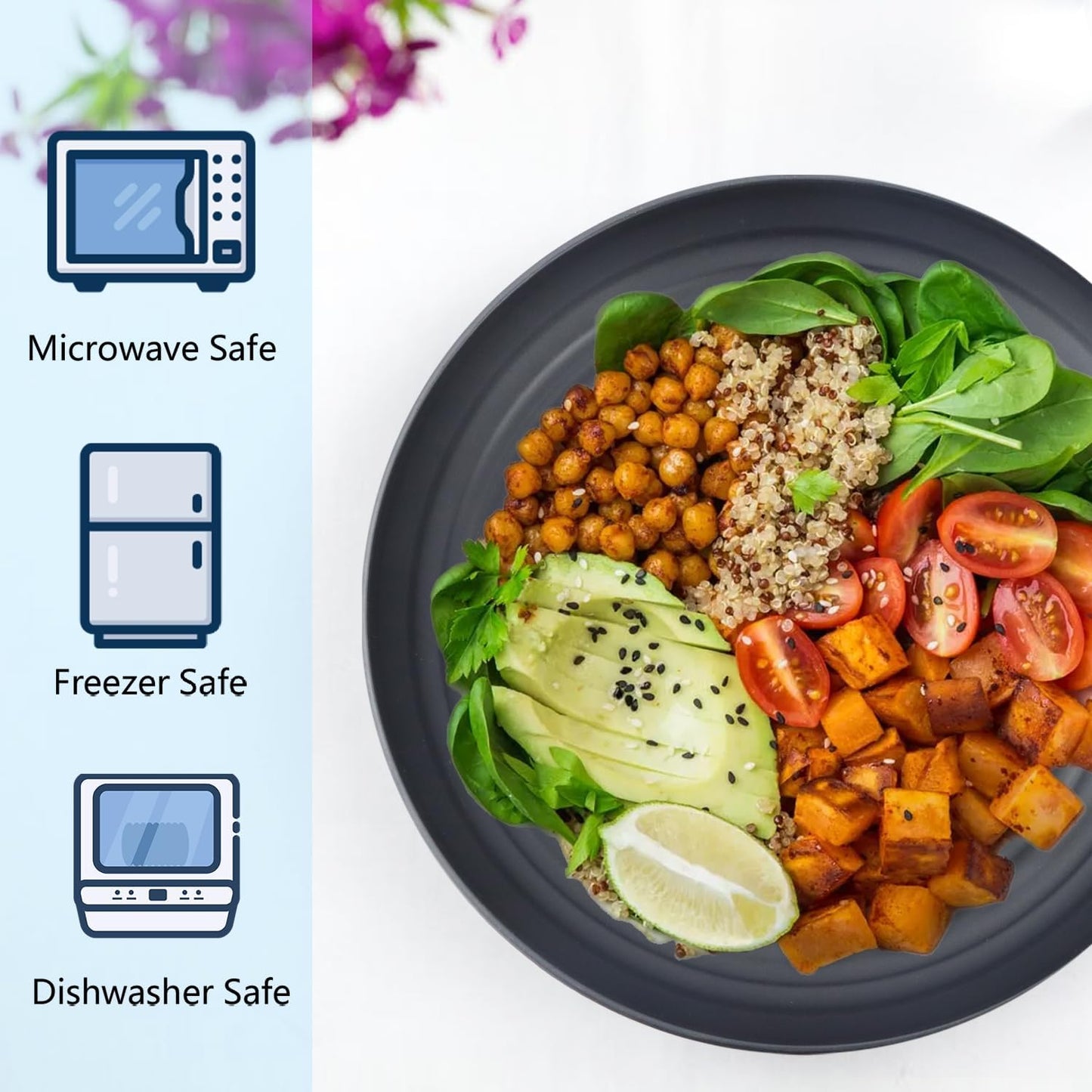 Homienly Deep Dinner Plate Set of 12 - Alternative to Plastic - Microwave & Dishwasher Safe - Wheat Straw Construction - Unbreakable - Ideal for Kids (Black, 9 inch)