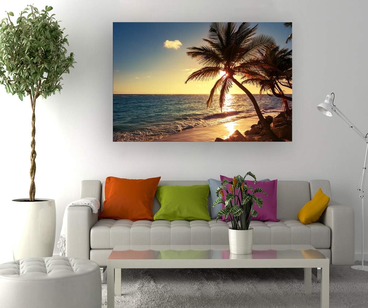 Muolunna S04969 Wall Art Decor Large Canvas Print Picture Sunset Ocean Beach Waves 1 Panel Coconut tree Scenery Painting Artwork for Office Home Decoration Stretched and Framed Ready to Hang XLarge