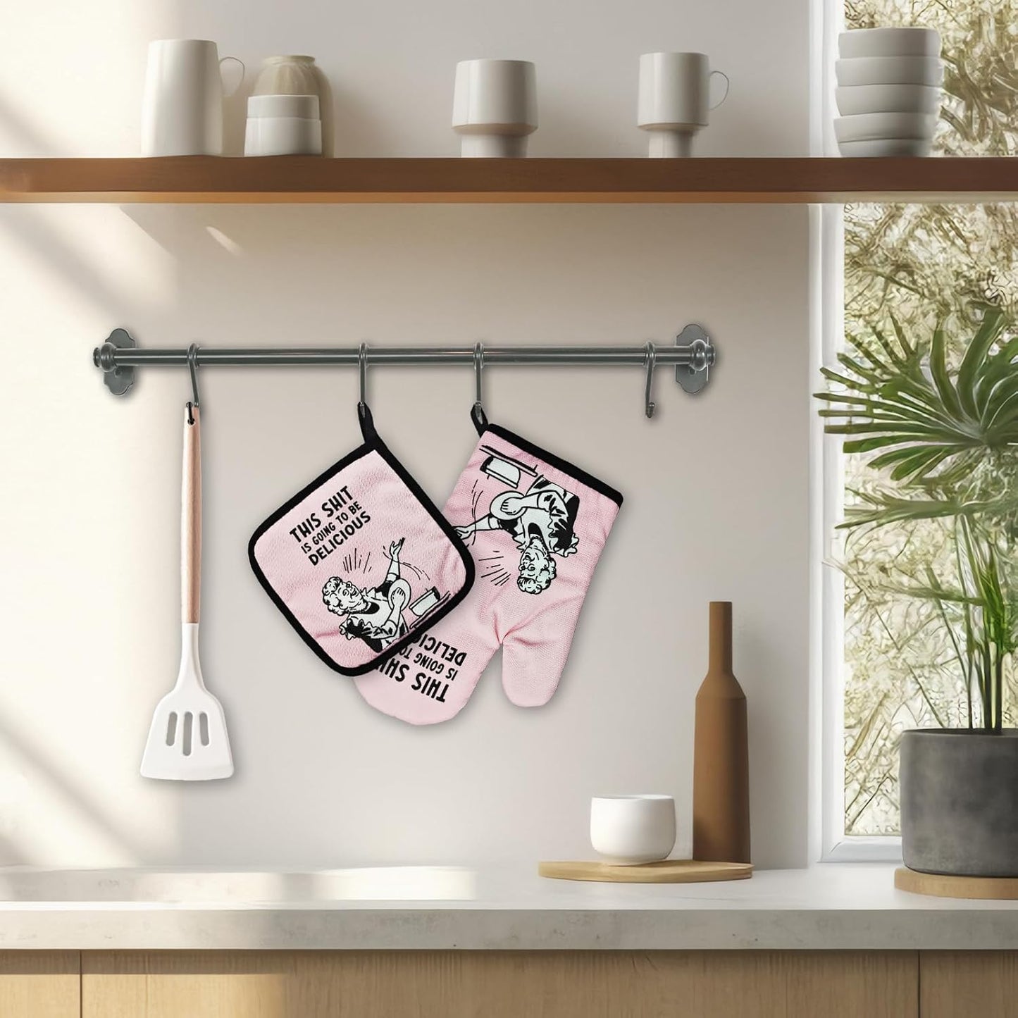 Funny Oven Mitts and Pot Holders Set This Sxxt is Going to Be Delicious Heat Resistant Mitts Adult Humor Silicone Non-Slip Oven Mitts Funny Kitchen Decor Gifts for Women Housewife Friend