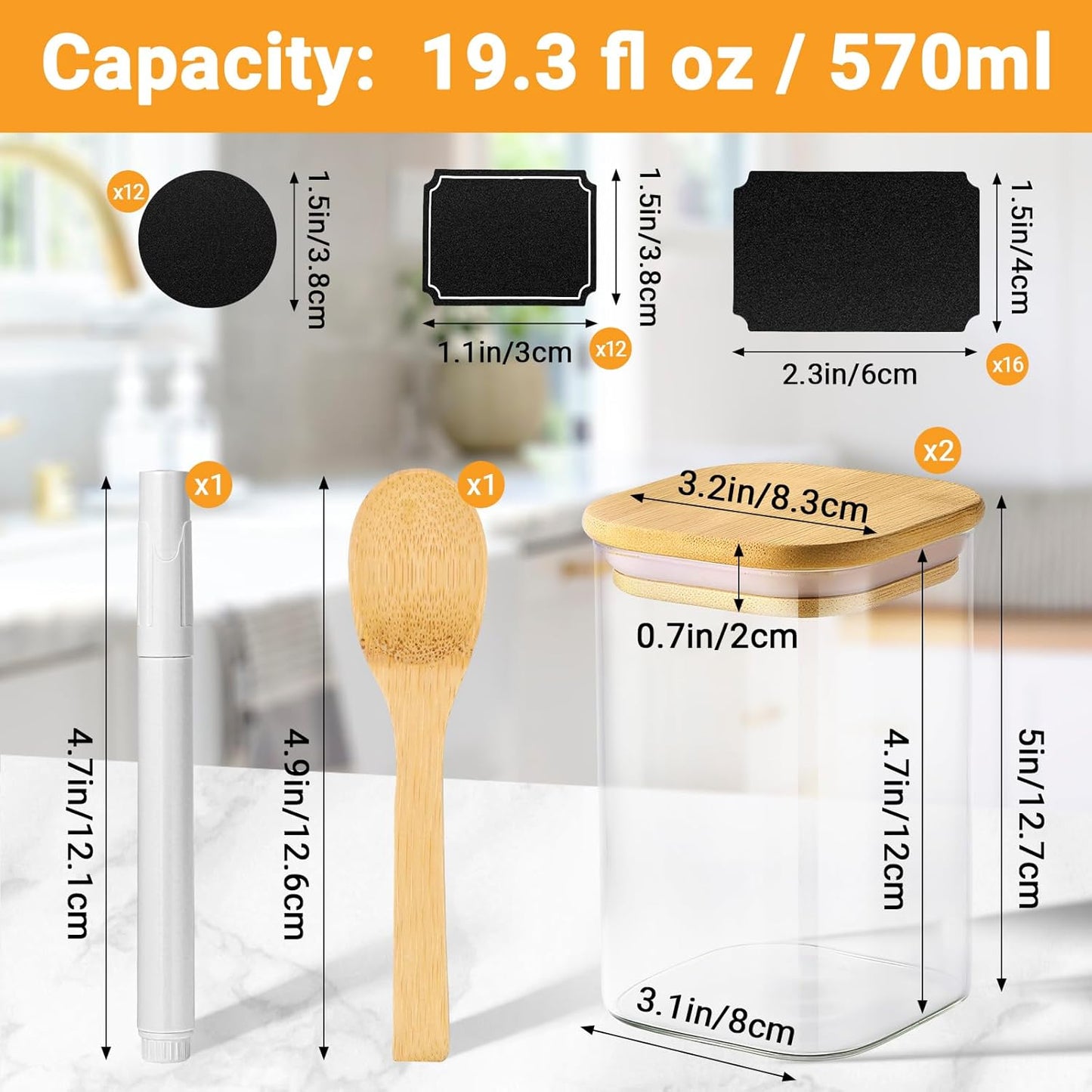 Square Glass Storage Jars, 19 Fl.oz Glass Jars with Bamboo Lids Set of 2, Food Canisters with Airtight Lids, for Coffee Bean, Sugar, Tea, Candy, Cookies - Included Labels, Marker and Spoon