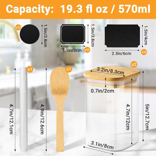Square Glass Storage Jars, 19 Fl.oz Glass Jars with Bamboo Lids Set of 2, Food Canisters with Airtight Lids, for Coffee Bean, Sugar, Tea, Candy, Cookies - Included Labels, Marker and Spoon
