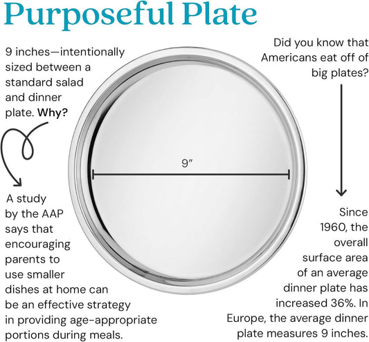 Ahimsa Stainless Steel Plates - 9" Round Classic Stainless Steel Kids Plates, Non Toxic Plate, Camping Plate, BPA Free & Dishwasher Safe (Set of 4)
