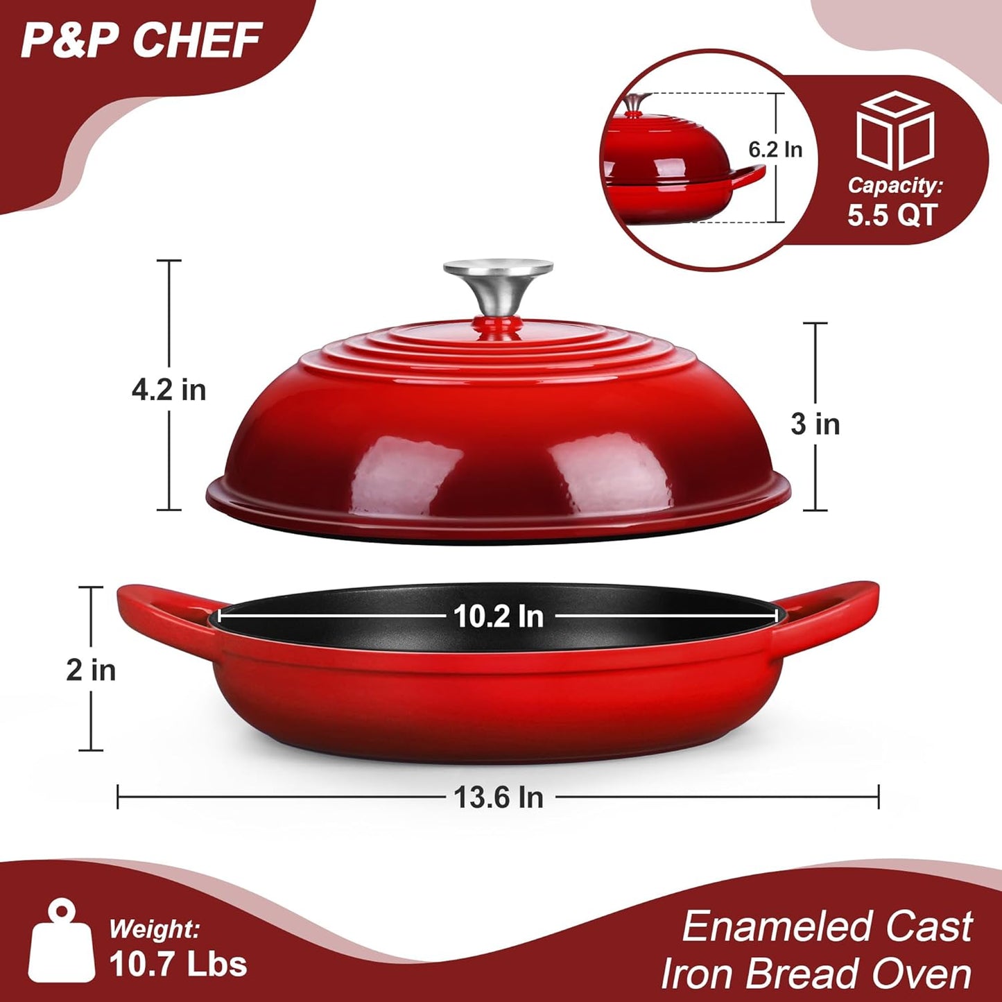 P&P CHEF Bread Dutch Oven for Sourdough, 5.5 Quart Enameled Cast Iron Dutch Oven Pot with Lid for Homemade Bread Baking, Easy to Clean & Even Heat, Red