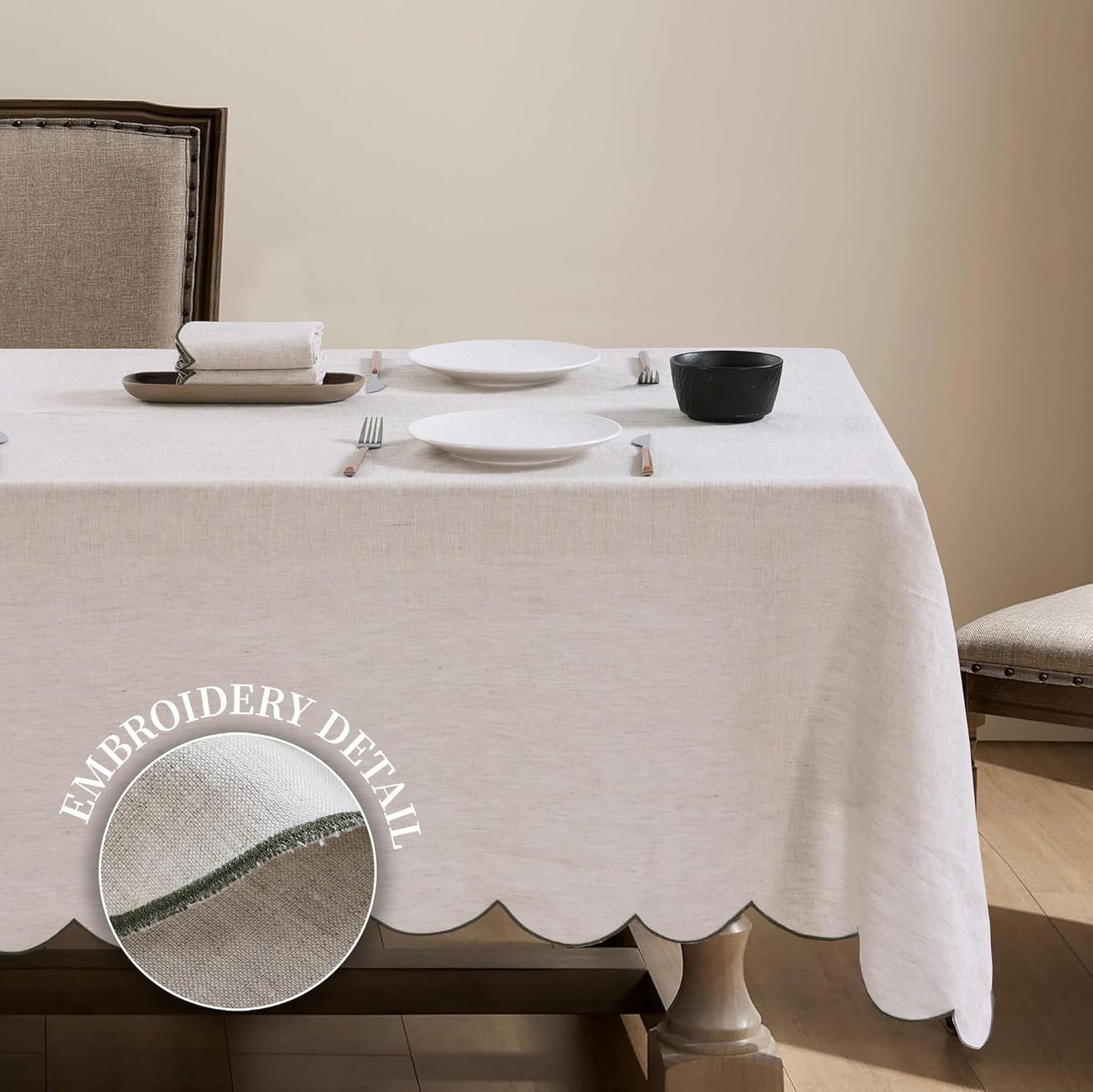 100% French Flax Linen Tablecloths Scalloped Embroidery Rectangle 132Lx60W Inch for Dinners, Parties, Spring, Machine Washable, 12-14 Sets, Linen(Edges-Green)