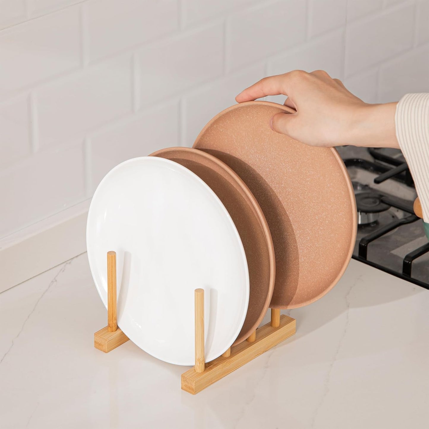 HBlife 4pcs Bamboo Dish Plate Bowl Cup Book Pot Lid Cutting Board Drying Rack Stand Drainer Storage Holder Organizer Kitchen Cabinet（Keep Dry）