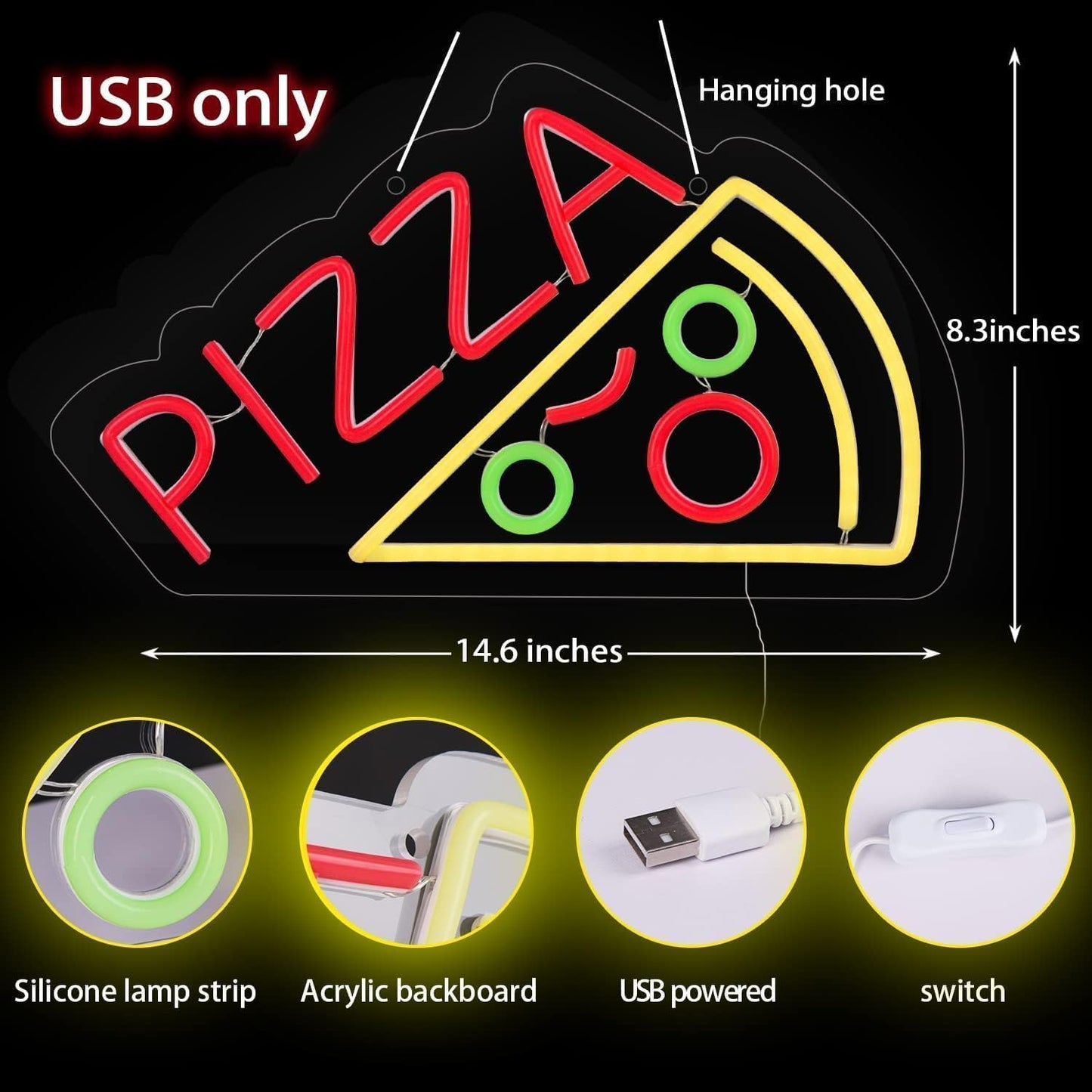 Pizza Neon Sign for Wall Decor, Pizza Shaped Neon Sign for Pizzeria,Food LED LED Light for Restaurant,Kitchen,Store,Party,Restaurant Food Decor,USB Powered,Size 14.6 * 8.3 Inch(JTLD006-21)