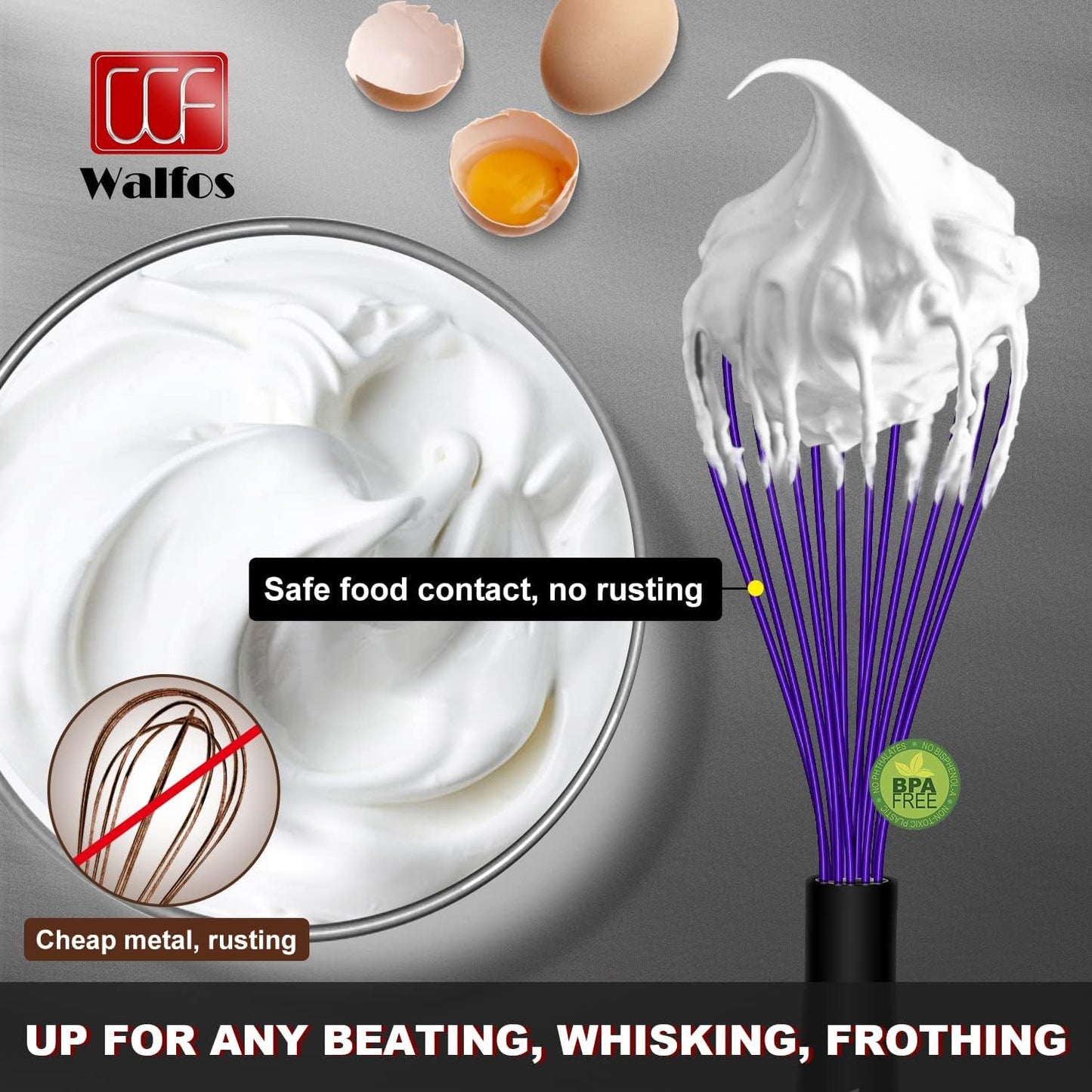 Walfos Whisk,7+9+11in Silicone Whisks for Cooking Non Scatch,Kitchen Whisk,BPA Free and Heat Resistant 480°F,Wisk Perfect for Frothing,Blending,Beating.Dishwasher Safe 3pcs Dark Purple