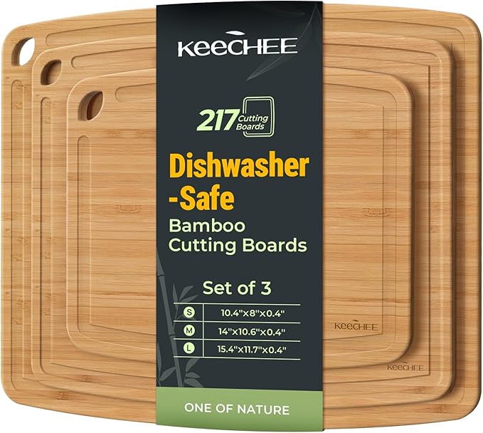Dishwasher Safe Bamboo Cutting Boards Durable Lightweight Wood Cutting Board for Busy Kitchen, Easy Clean Wooden Chopping Boards with Juice Groove Set of 3 (L+M+S)
