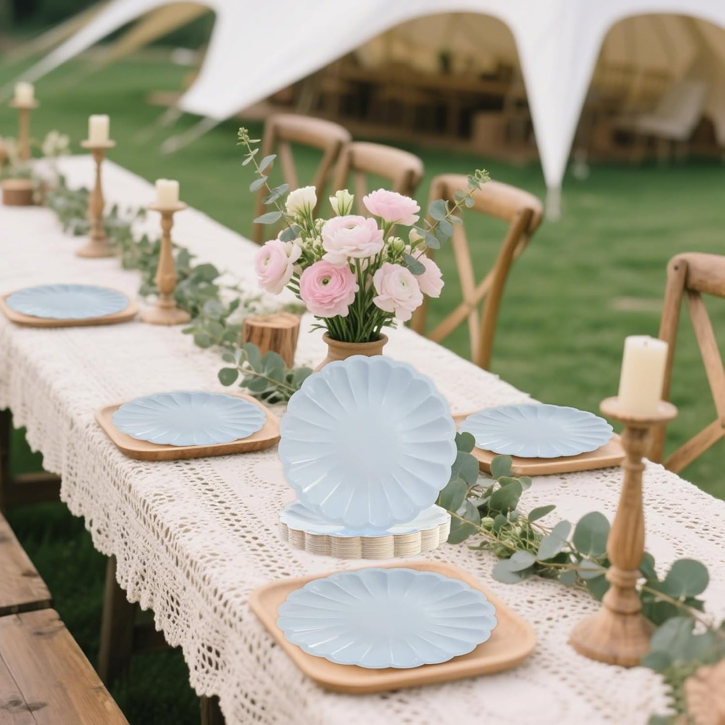 50Pcs Large Scalloped Light Blue Paper Plates 9Inch Shell Edge Dinner Plates for Cake Salad Fruit Disposable Dinner Serving Plates for Birthday Wedding Baby Shower Party Decorations