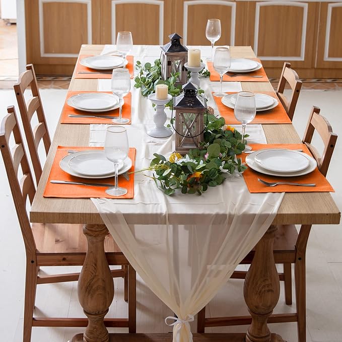 Linen Fabric Placemats Set of 6, Machine Washable, Heat Resistant, Wrinkle Free, Thick Polyester Kitchen Place Mats for Dining Table (Orange)