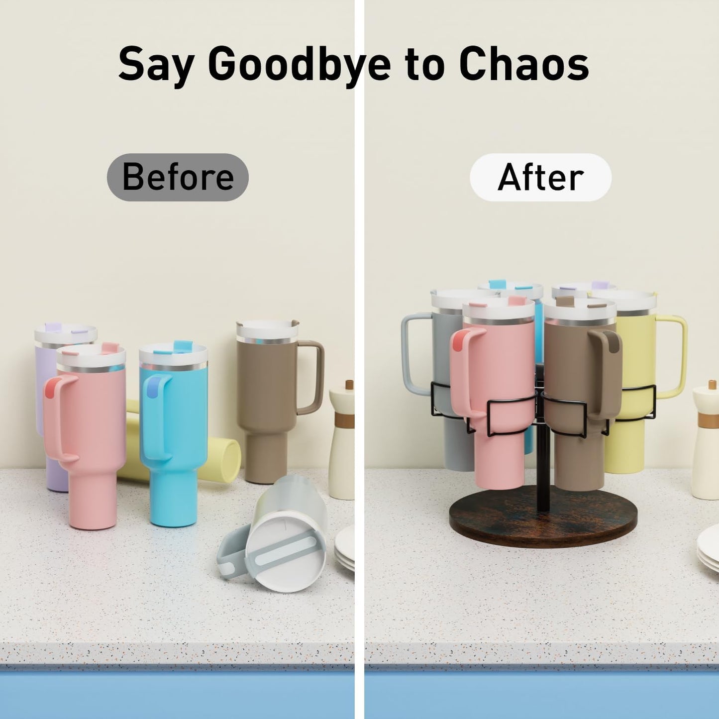 Water Bottle Organizer for Stanley 40 Oz Tumbler with Handle, 6 Slots Rotatable Cup Organizer Holder, Kitchen Organizers and Storage for Cup Accessories, Ideal Gift, Black